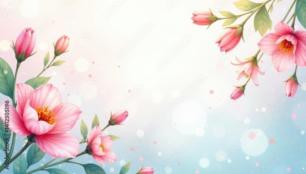 Fototapeta premium Delicate watercolor floral design, pastel tones, repeat, leaves