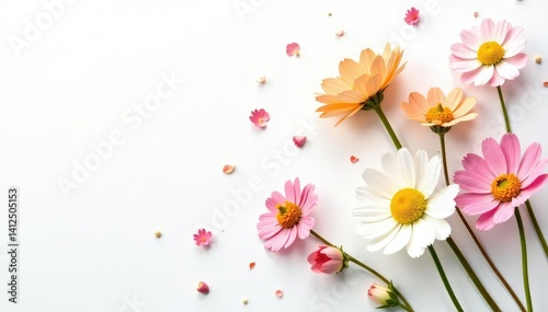 Delicate, scattered wildflowers on white background, minimal, bloom