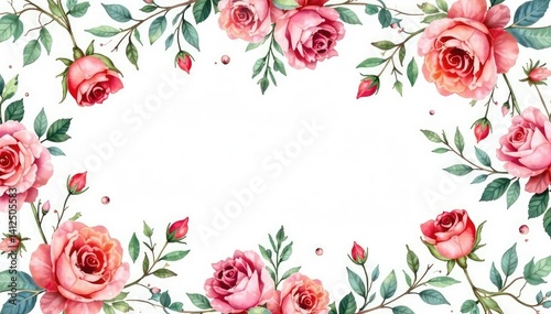 Delicate watercolor roses & leaves, repeating pattern, vine, flower
