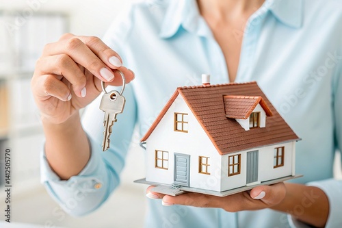 Real Estate Agent Holding House Keys and Model Home