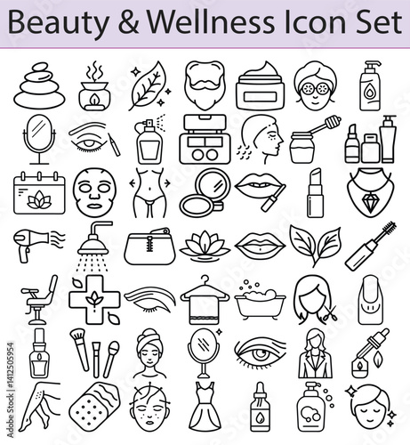 Beauty Wellness Line Art Icons Set, Spa Stones, Shower, Woman Face on Transparent
