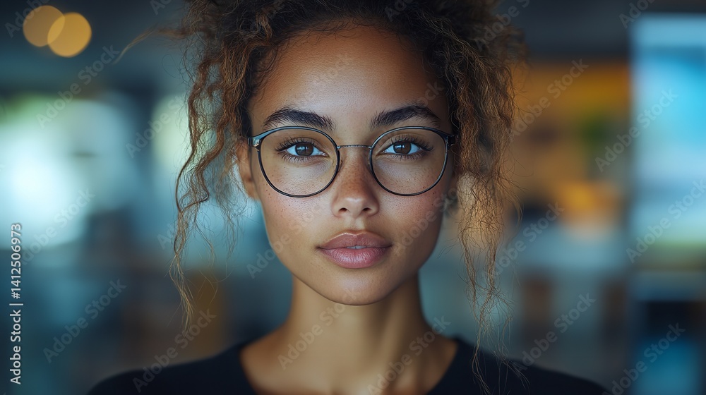 A confident young woman with glasses gazing directly at the camera in a softly lit indoor setting