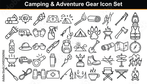 Camping & Adventure Set with Outline Icons of Outdoor Gear and Recreational Activities