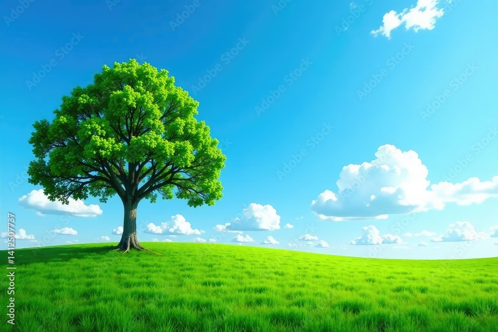 Fototapeta premium Single tree against a bright blue sky with few clouds, peaceful, solitary, greenery