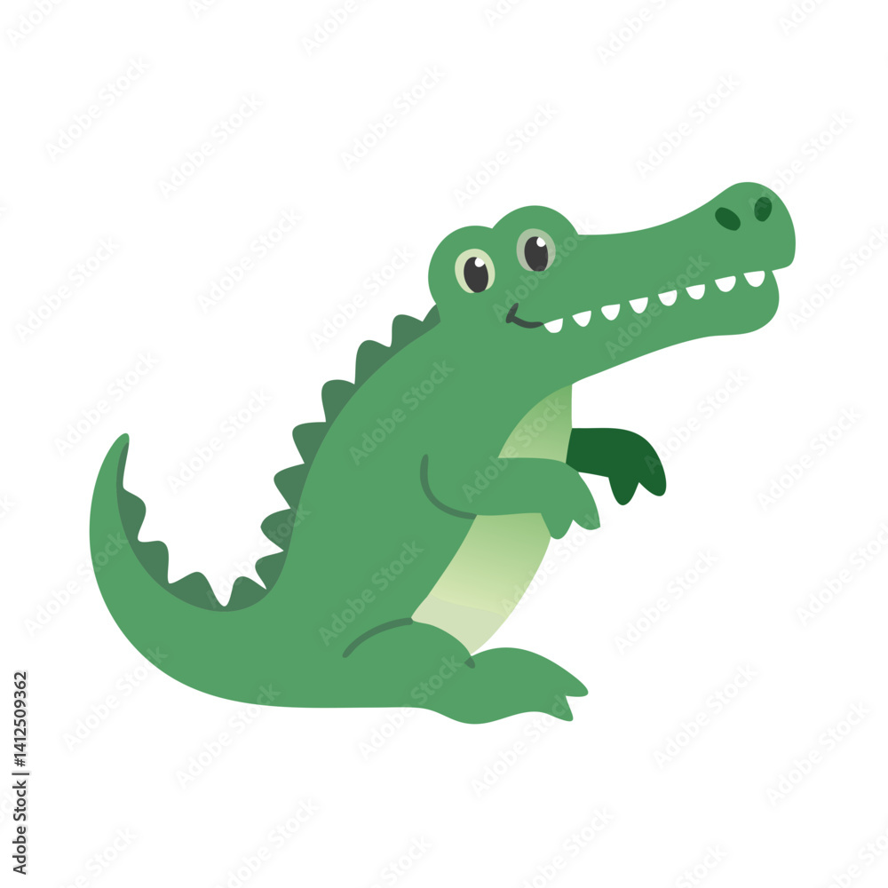 Naklejka premium Cute Green Cartoon Alligator on Black Background Illustration
