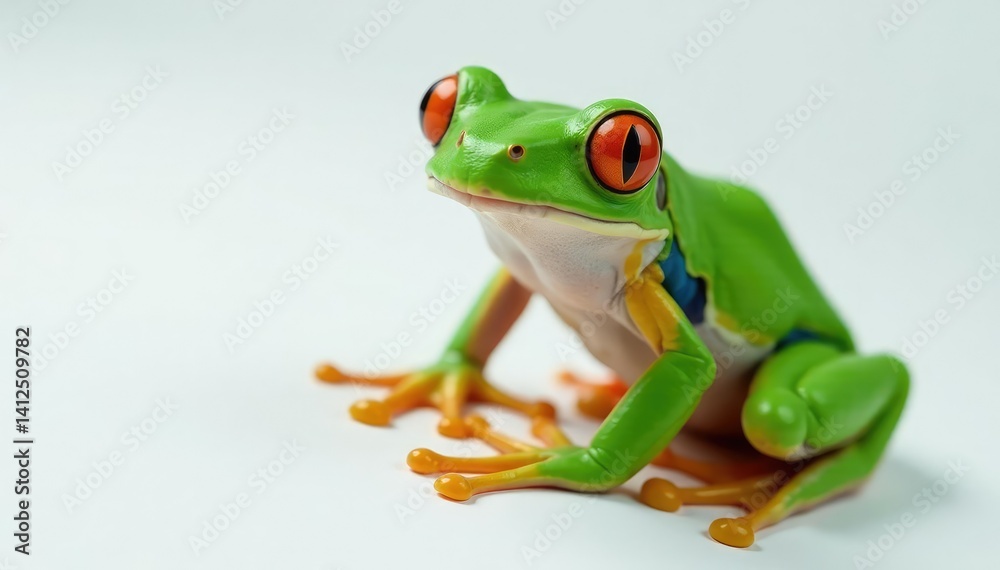 Obraz premium Green tree frog perched on white, vibrant skin, pet, green, isolated