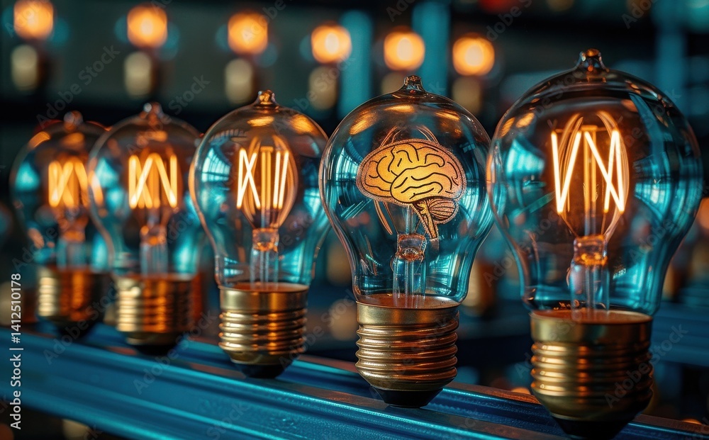 A row of light bulbs with a brain in the middle