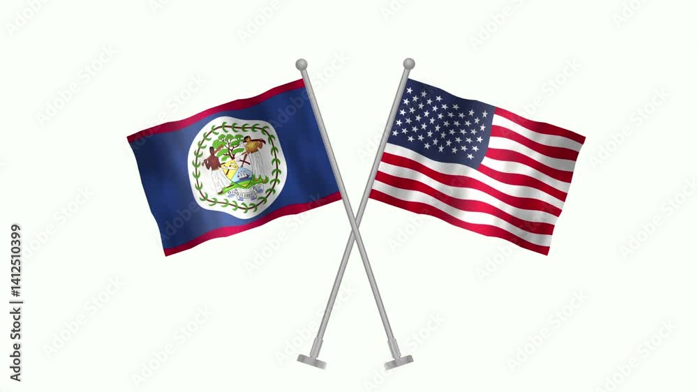 Flag of Belize and USA, Cross table flag of Belize and USA on white screen, Belize and USA 3D Animation flag waving in the wind isolated on white Background. 
