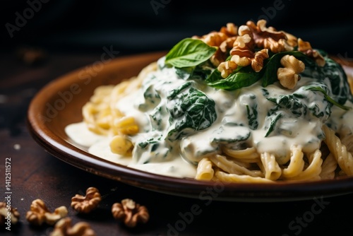 close up of a healthy whole wheat pasta with gorgonzola sauce,spinach and walnuts