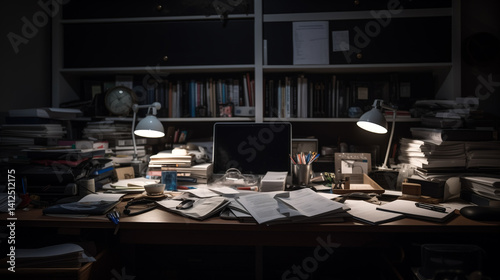 A cluttered desk with books papers and lamps in a dimly lit room