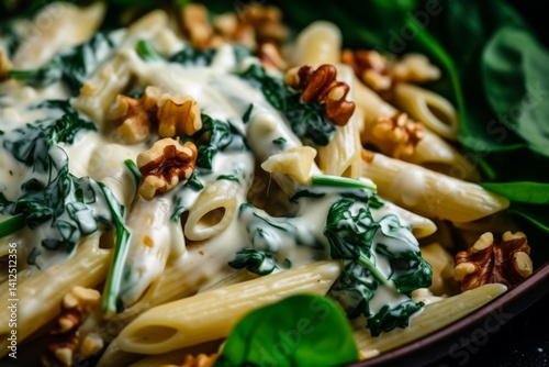 close up of a healthy whole wheat pasta with gorgonzola sauce,spinach and walnuts