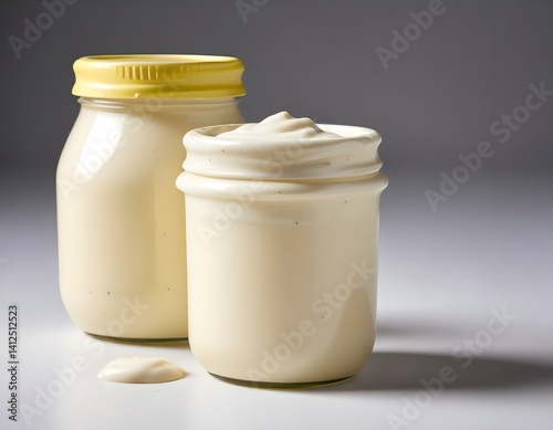 mayonnaise; jar; white; isolated; dressing; background; food; sauce; cream; container; ingredient; condiment; plastic; object; closed; bottle. tartar sauce; mayo; sour; dairy;