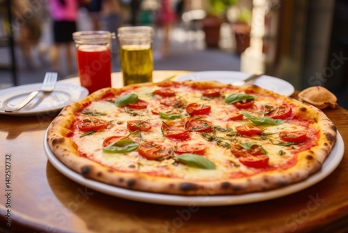 close up of a Italian pizza served on a plate in Italian restaurant outdoors in rome
