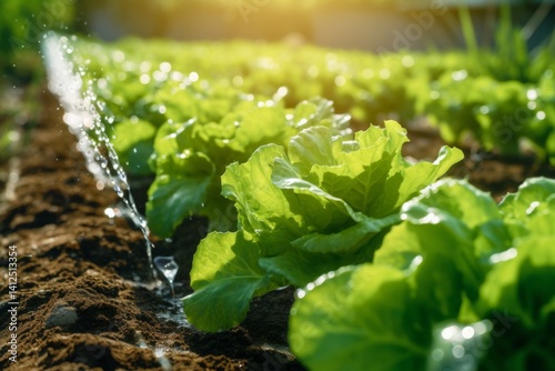 close up of a water efficient drip irrigation system in a organic salad garden