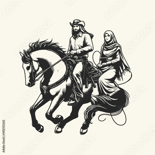 A cowboy baking horse , color line art vector.