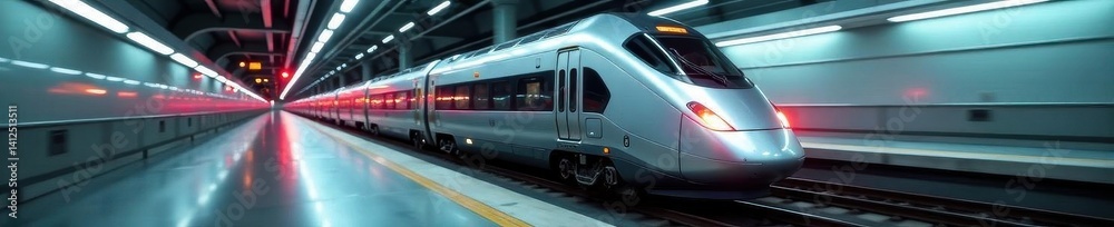 Sleek silver train speeding on rails, blurred background, bullet train, railway track, landscape Sleek silver train speeding on rails, blurred background, bullet train, railway track, landscape