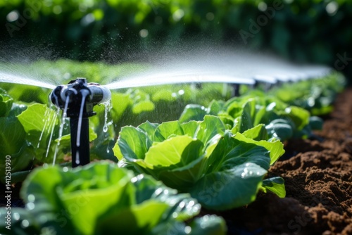 close up of a water efficient drip irrigation system in a organic salad garden