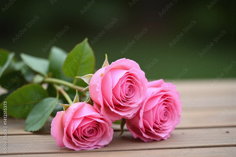 Three pink roses sitting on top of a wooden table Three pink roses sitting on top of a wooden table