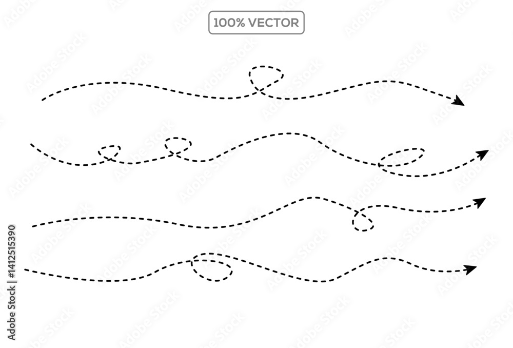 Set of long squiggle dashed, dotted line arrows vector template illustration Set of long squiggle dashed, dotted line arrows vector template illustration