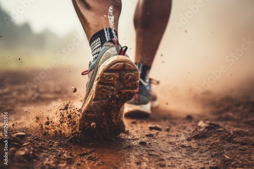 close up of feet of a trail runner with a dusty trail