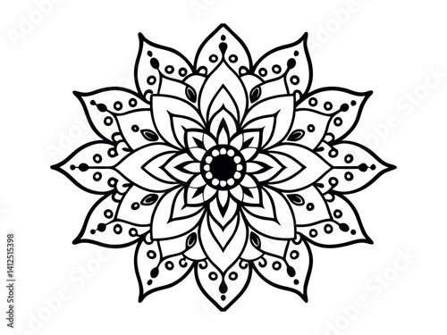 Outline a round flower pattern in mehndi style for a coloring book page. Antistress for adults and children. Doodle ornament in black and white. Hand-drawn vector illustration