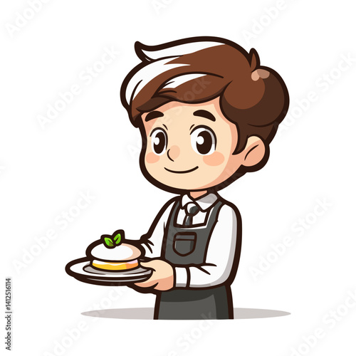 Adorable Cartoon Butler Serving Delicious Dessert Illustration