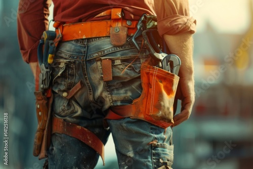 close up of maintenance worker with bag and tools kit wearing on waist