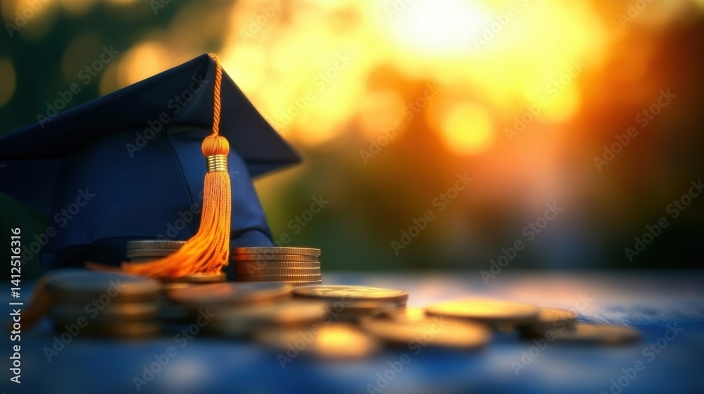 A graduation cap with a tassel rests next to a pile of coins as the sun sets, symbolizing achievement and financial investment in education