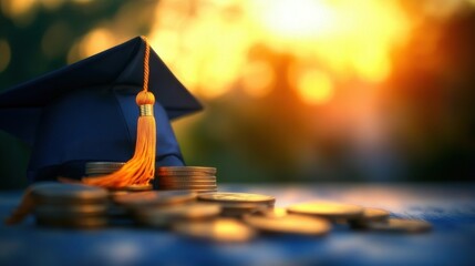 A graduation cap with a tassel rests next to a pile of coins as the sun sets, symbolizing achievement and financial investment in education