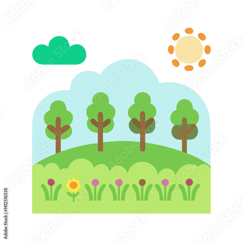 Cartoon meadow landscape with trees, flowers and sun