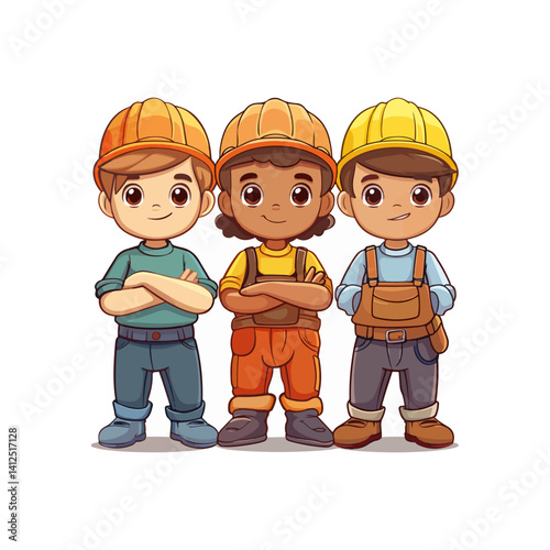 Adorable Cartoon Construction Workers Celebrating Labor Day