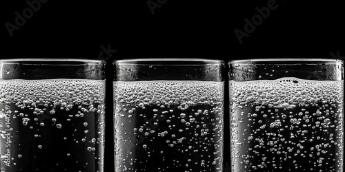 Three glasses of bubbling carbonated water against black background