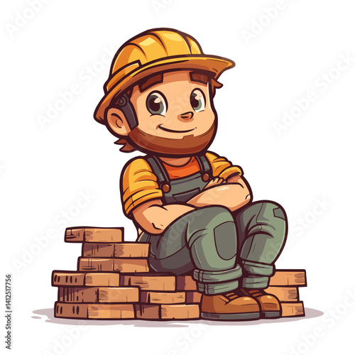 Happy Construction Worker Cartoon Illustration Relaxed Bricklayer
