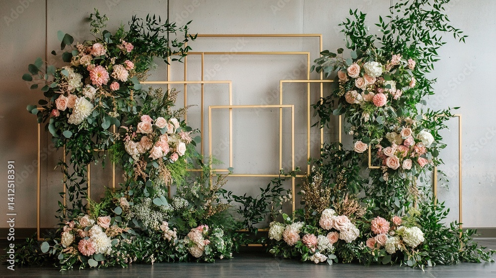 Fototapeta premium Elegant Geometric Wedding Backdrop with Lush Floral Arrangement Featuring Pink Roses and White Dahlias Against Modern Gold Frames