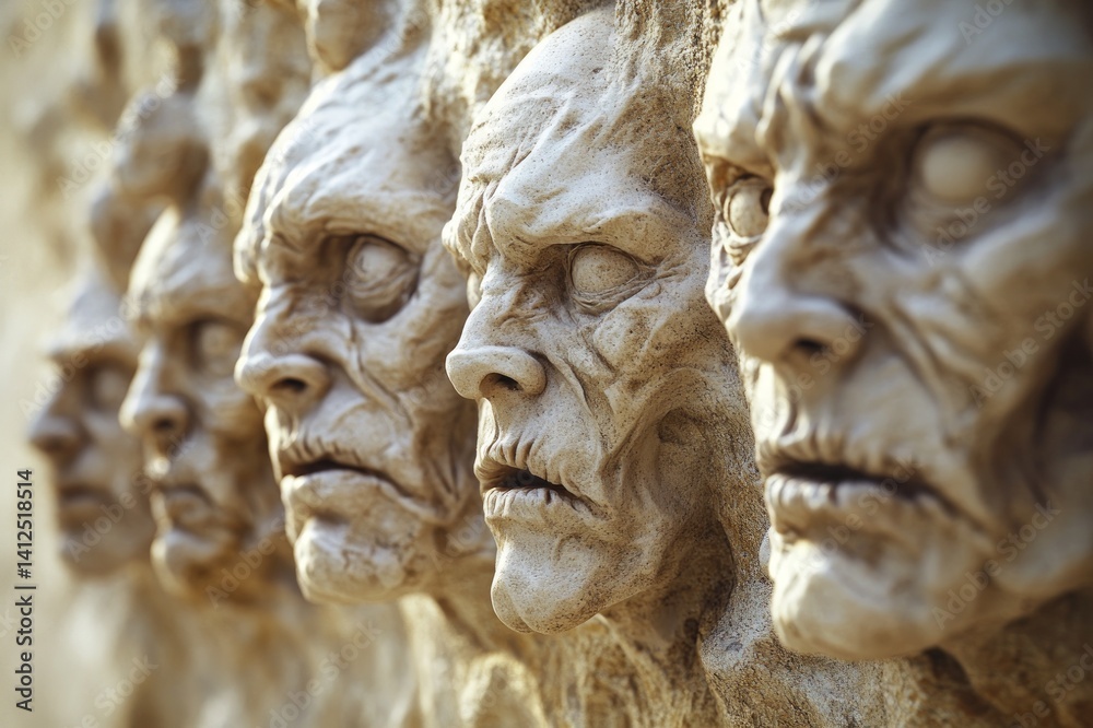 3D embossed clay wall featuring distorted male faces, captured in hyper-realistic detail with soft lighting and high resolution. 3D embossed clay wall featuring distorted male faces, captured in hyper-realistic detail with soft lighting and high resolution.