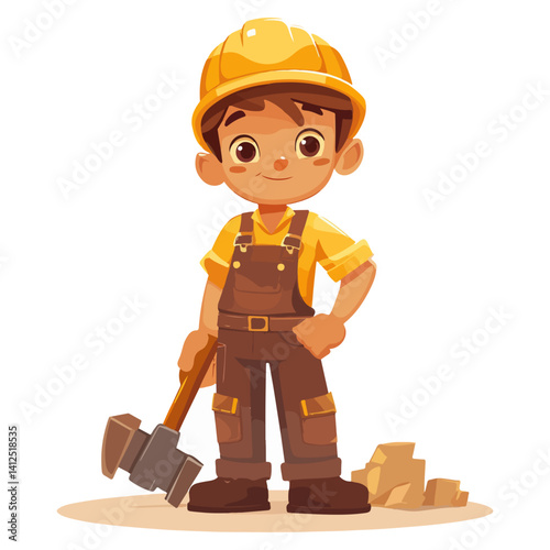 Adorable Cartoon Construction Worker Little Builder with Hammer