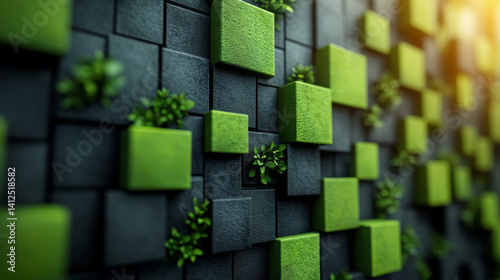 3D-rendered abstract design with alternating green and black square shapes