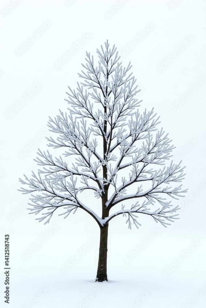 Fototapeta premium Snowy tree branch isolated on white background, cold weather, frozen nature, frosty details