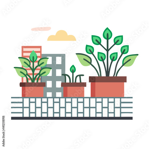 Urban rooftop garden with buildings and potted plants