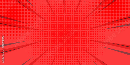 Pop art comic book strip cover design. Explosion, isolated retro style comics radial red background. Halftone colored background frame.