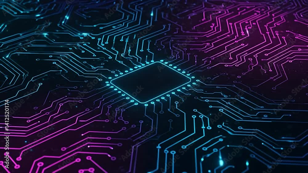 Futuristic circuit board with glowing neon lines and a central processing unit. Technology background.
