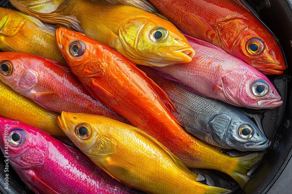 Obraz premium A hyper-realistic pan filled with colorful fish, showcasing a vibrant color palette.
