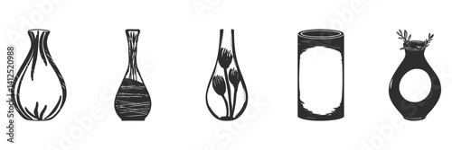 Decorative Vase Silhouette Set. Artistic Home Decor Elements Isolated Vector Illustration Collection