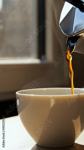 Macro View of Coffee Pouring from Shiny Metallic Kettle into Ceramic Mug with Steam Rising Under Soft Light