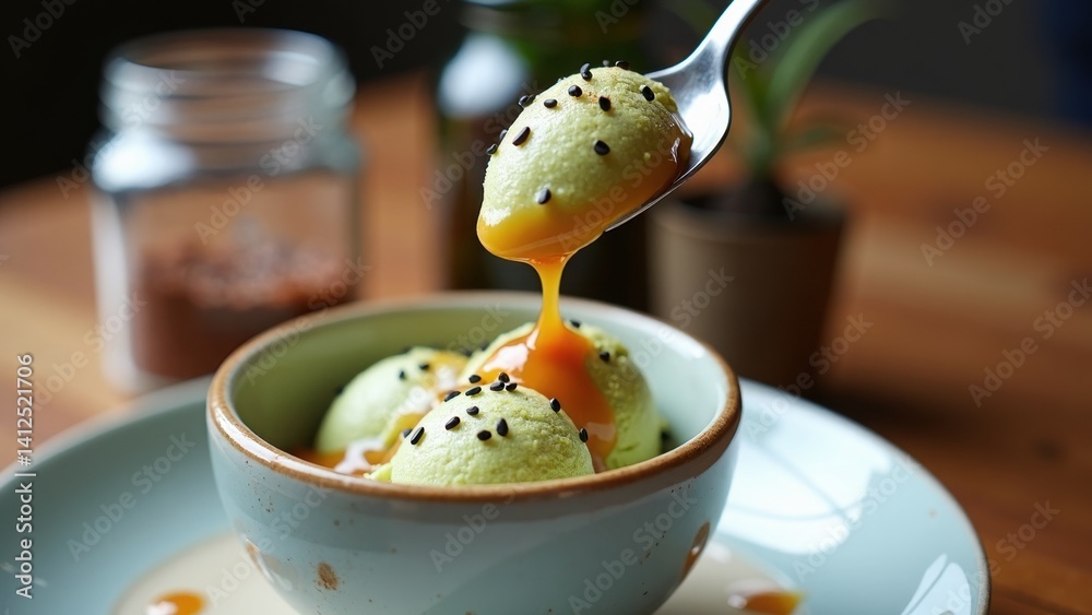Spoon is scooping a dessert from a bowl. The dessert is a green ice cream with black sesame seeds on top. The bowl is on a wooden table