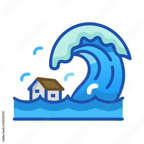 Tsunami Wave Illustration: Flood Disaster, House, and Black Background