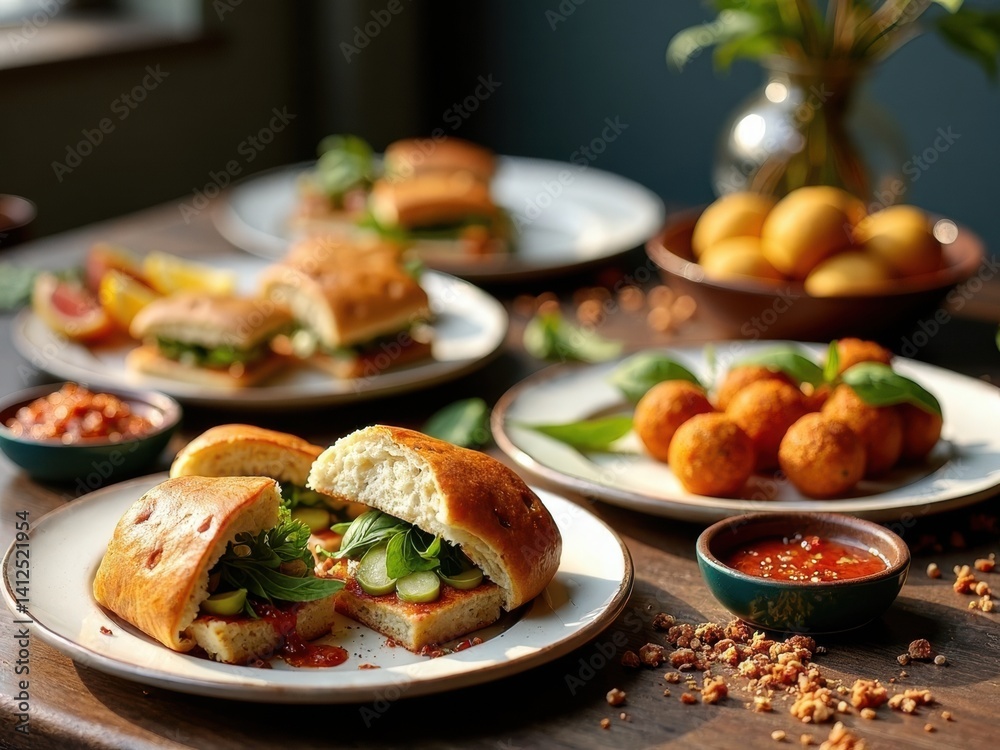Table with plates of food, including sandwiches, potato wedges, and a vase of flowers
