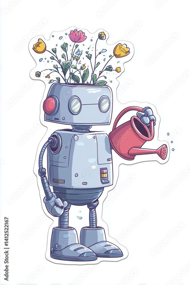 Naklejka premium clumsy cartoon robot holding a watering can, flowers growing out of its head, cute style, sticker