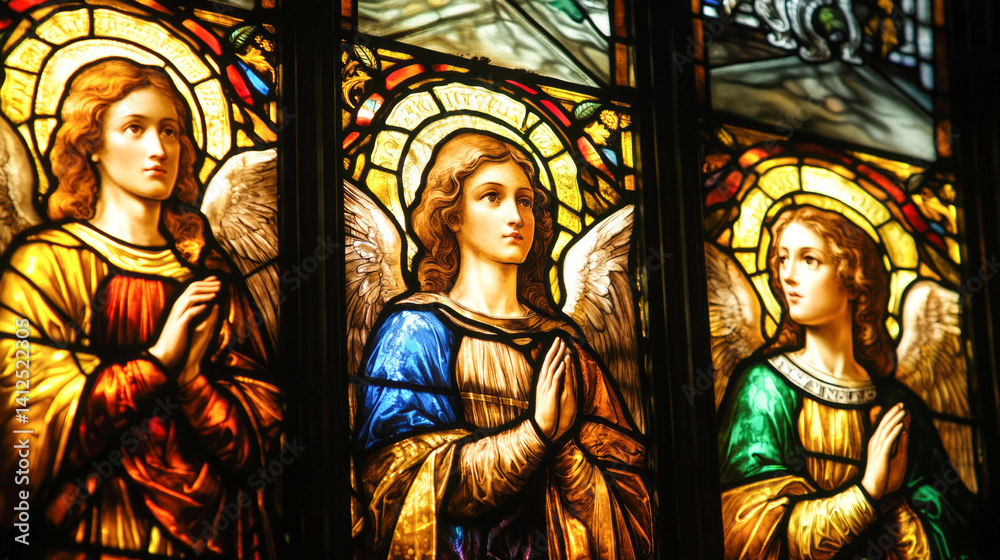Fototapeta premium Stained glass window depicting three angels in prayer with vibrant colors and intricate detailing