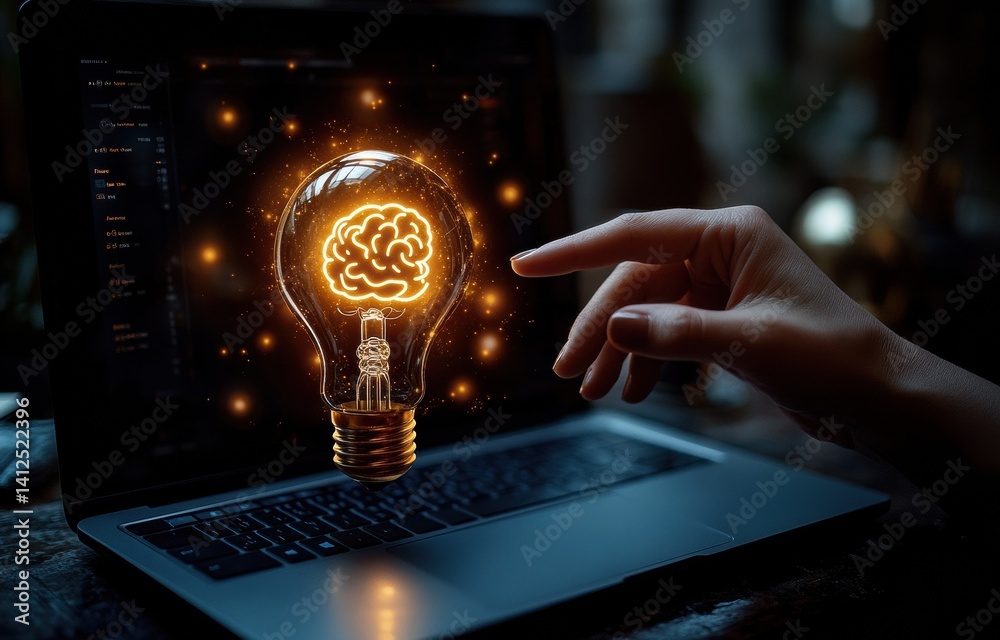Hand touching a glowing light bulb with a brain inside on a laptop computer screen